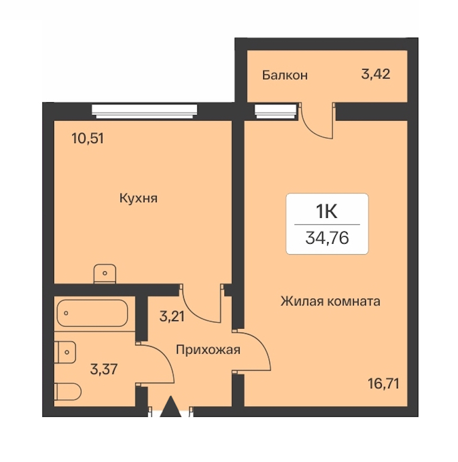 1-комнатная квартира 34.76 м², 9/9 эт., ЖК «Расцветай в Янино»